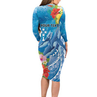 Personalised Kosrae States Humpback Whale Family Matching Long Sleeve Bodycon Dress and Hawaiian Shirt Polynesian Tropical Flowers LT9 - Polynesian Pride