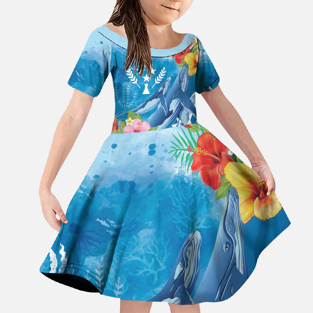 Personalised Kosrae States Humpback Whale Family Matching Mermaid Dress and Hawaiian Shirt Polynesian Tropical Flowers LT9 Daughter's Dress Blue - Polynesian Pride