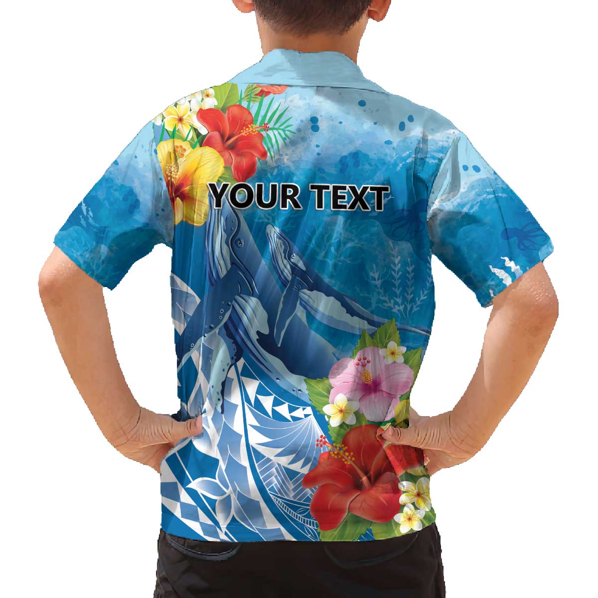 Personalised Kosrae States Humpback Whale Family Matching Off The Shoulder Long Sleeve Dress and Hawaiian Shirt Polynesian Tropical Flowers LT9 - Polynesian Pride