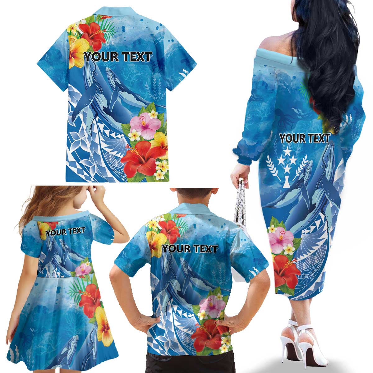 Personalised Kosrae States Humpback Whale Family Matching Off The Shoulder Long Sleeve Dress and Hawaiian Shirt Polynesian Tropical Flowers LT9 - Polynesian Pride