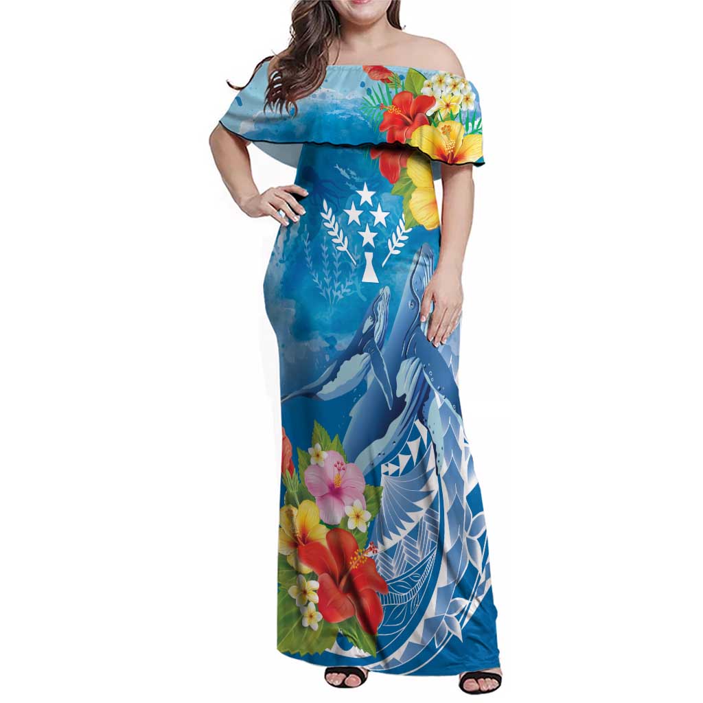 Personalised Kosrae States Humpback Whale Family Matching Off Shoulder Maxi Dress and Hawaiian Shirt Polynesian Tropical Flowers LT9 Mom's Dress Blue - Polynesian Pride