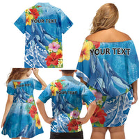Personalised Kosrae States Humpback Whale Family Matching Off Shoulder Short Dress and Hawaiian Shirt Polynesian Tropical Flowers LT9 - Polynesian Pride