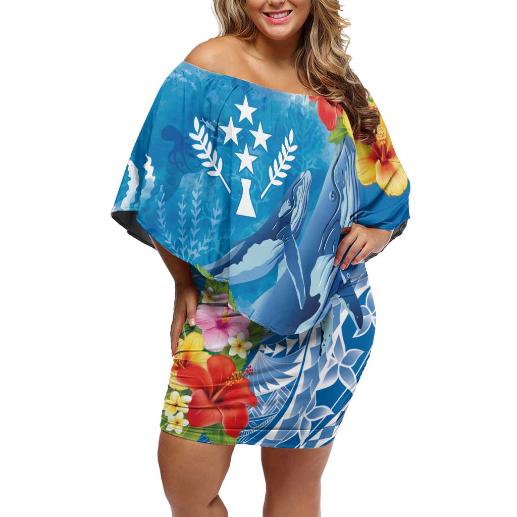 Personalised Kosrae States Humpback Whale Family Matching Off Shoulder Short Dress and Hawaiian Shirt Polynesian Tropical Flowers LT9 Mom's Dress Blue - Polynesian Pride
