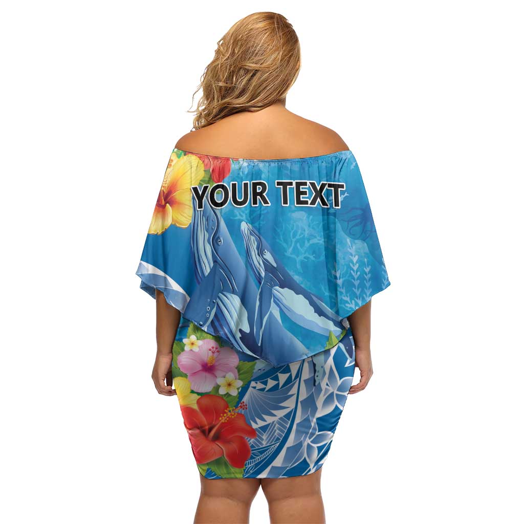 Personalised Kosrae States Humpback Whale Family Matching Off Shoulder Short Dress and Hawaiian Shirt Polynesian Tropical Flowers LT9 - Polynesian Pride