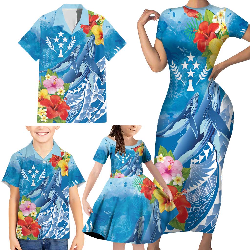 Personalised Kosrae States Humpback Whale Family Matching Short Sleeve Bodycon Dress and Hawaiian Shirt Polynesian Tropical Flowers LT9 - Polynesian Pride