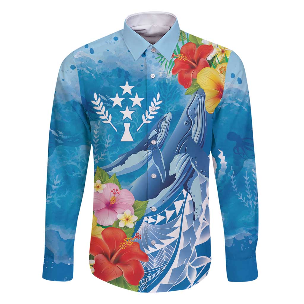 Personalised Kosrae States Humpback Whale Family Matching Summer Maxi Dress and Hawaiian Shirt Polynesian Tropical Flowers LT9 Dad's Shirt - Long Sleeve Blue - Polynesian Pride