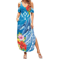 Personalised Kosrae States Humpback Whale Family Matching Summer Maxi Dress and Hawaiian Shirt Polynesian Tropical Flowers LT9 Mom's Dress Blue - Polynesian Pride