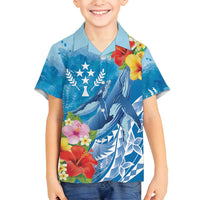 Personalised Kosrae States Humpback Whale Family Matching Tank Maxi Dress and Hawaiian Shirt Polynesian Tropical Flowers LT9 Son's Shirt Blue - Polynesian Pride