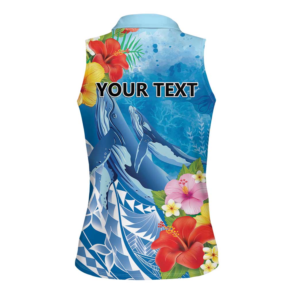 Personalised Kosrae States Humpback Whale Women Sleeveless Polo Shirt Polynesian Tropical Flowers LT9 - Polynesian Pride