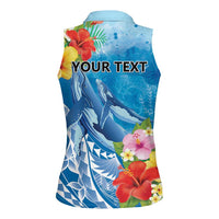 Personalised Kosrae States Humpback Whale Women Sleeveless Polo Shirt Polynesian Tropical Flowers LT9 - Polynesian Pride