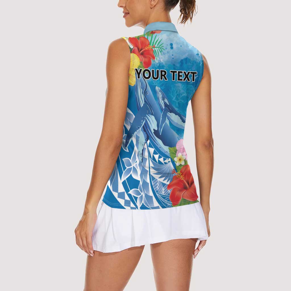 Personalised Kosrae States Humpback Whale Women Sleeveless Polo Shirt Polynesian Tropical Flowers LT9 - Polynesian Pride