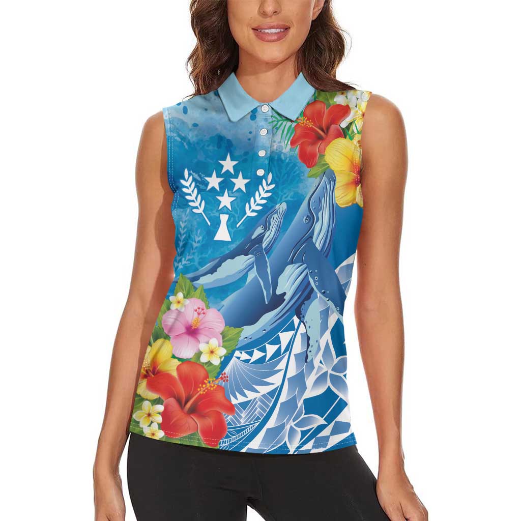 Personalised Kosrae States Humpback Whale Women Sleeveless Polo Shirt Polynesian Tropical Flowers LT9 - Polynesian Pride