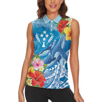 Personalised Kosrae States Humpback Whale Women Sleeveless Polo Shirt Polynesian Tropical Flowers LT9 - Polynesian Pride