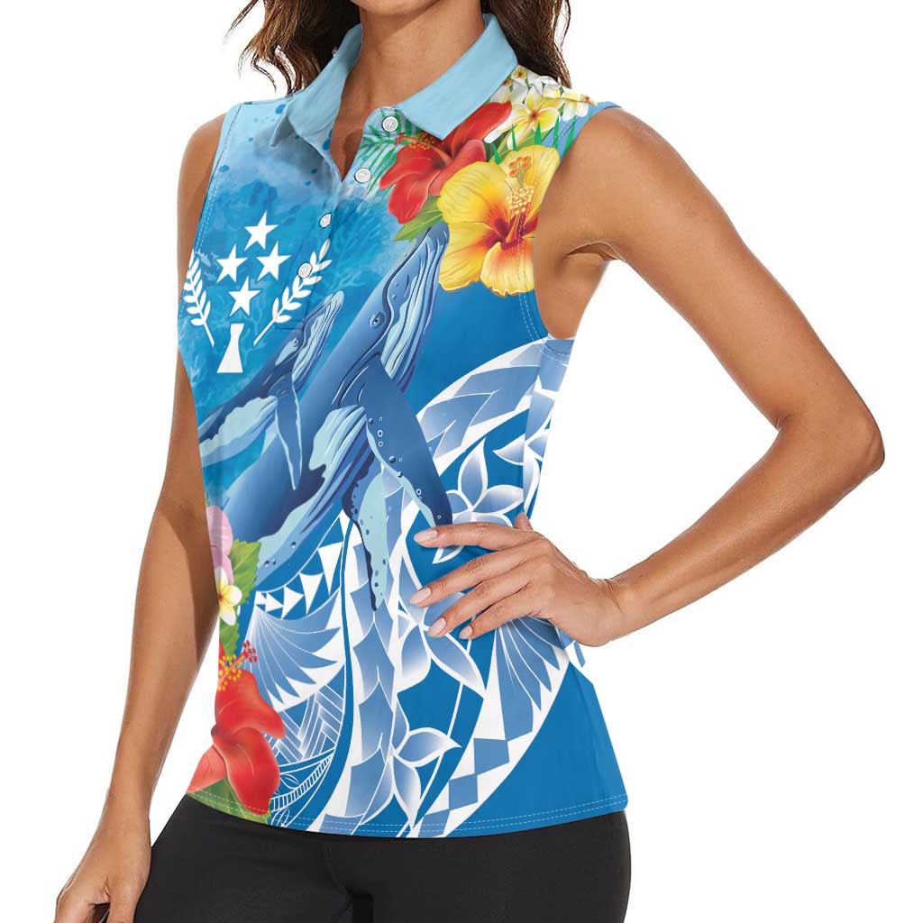 Personalised Kosrae States Humpback Whale Women Sleeveless Polo Shirt Polynesian Tropical Flowers LT9 - Polynesian Pride