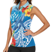 Personalised Kosrae States Humpback Whale Women Sleeveless Polo Shirt Polynesian Tropical Flowers LT9 - Polynesian Pride