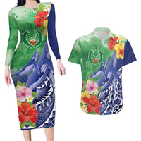 Personalised Pohnpei States Humpback Whale Couples Matching Long Sleeve Bodycon Dress and Hawaiian Shirt Polynesian Tropical Flowers LT9 Blue - Polynesian Pride