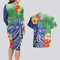 Personalised Pohnpei States Humpback Whale Couples Matching Long Sleeve Bodycon Dress and Hawaiian Shirt Polynesian Tropical Flowers LT9 - Polynesian Pride