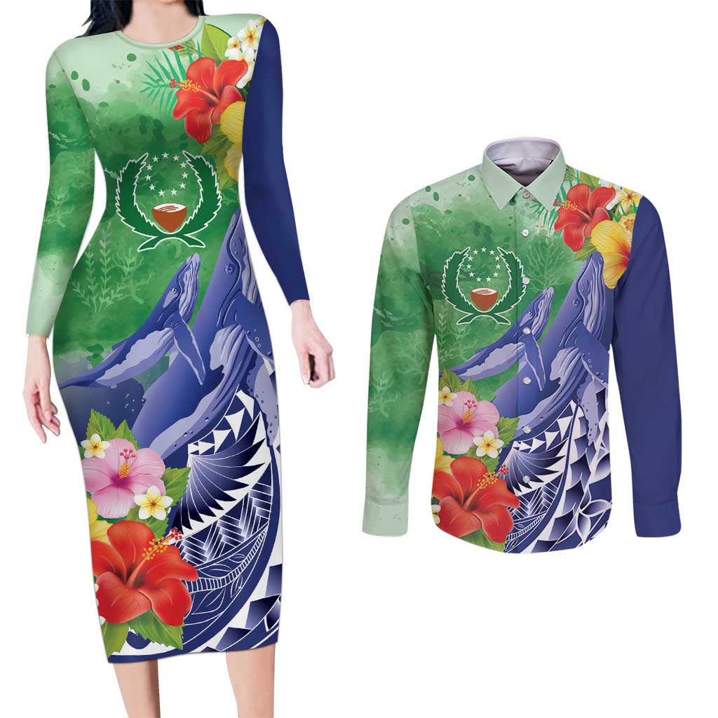 Personalised Pohnpei States Humpback Whale Couples Matching Long Sleeve Bodycon Dress and Long Sleeve Button Shirt Polynesian Tropical Flowers LT9 Blue - Polynesian Pride