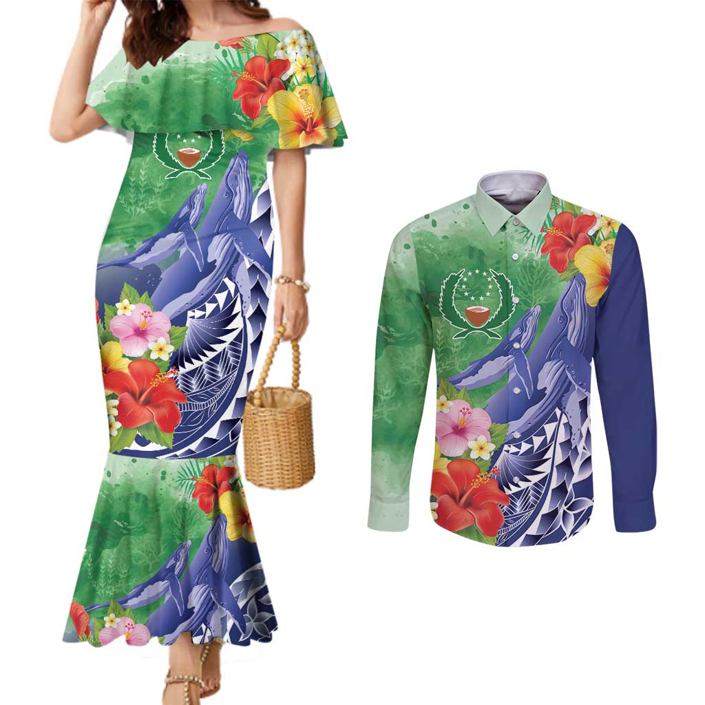 Personalised Pohnpei States Humpback Whale Couples Matching Mermaid Dress and Long Sleeve Button Shirt Polynesian Tropical Flowers LT9 Blue - Polynesian Pride