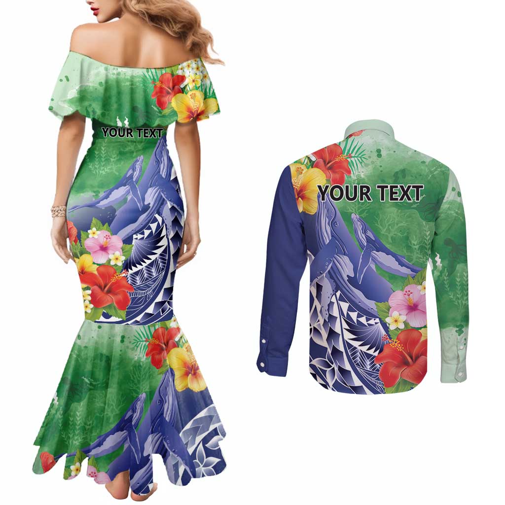 Personalised Pohnpei States Humpback Whale Couples Matching Mermaid Dress and Long Sleeve Button Shirt Polynesian Tropical Flowers LT9 - Polynesian Pride