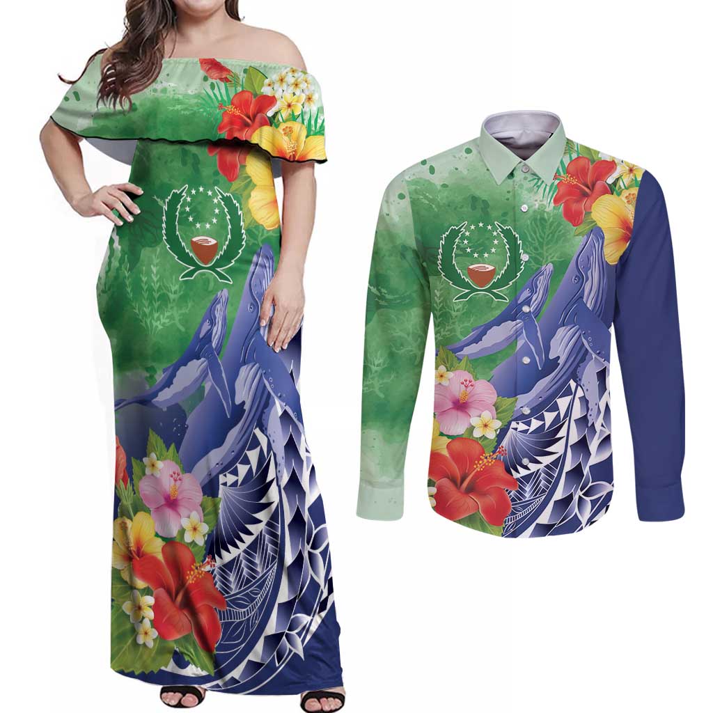 Personalised Pohnpei States Humpback Whale Couples Matching Off Shoulder Maxi Dress and Long Sleeve Button Shirt Polynesian Tropical Flowers LT9 Blue - Polynesian Pride