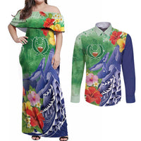 Personalised Pohnpei States Humpback Whale Couples Matching Off Shoulder Maxi Dress and Long Sleeve Button Shirt Polynesian Tropical Flowers LT9 Blue - Polynesian Pride