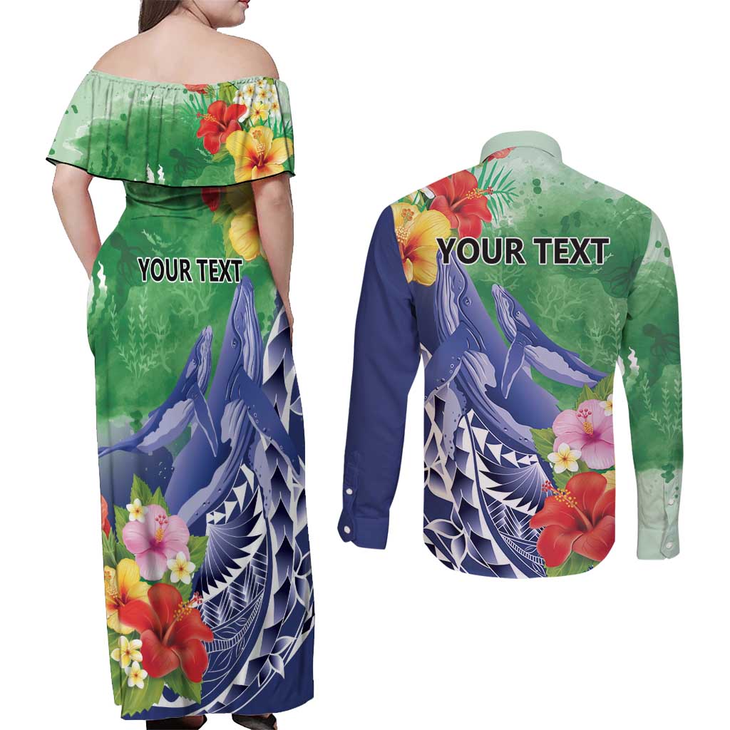 Personalised Pohnpei States Humpback Whale Couples Matching Off Shoulder Maxi Dress and Long Sleeve Button Shirt Polynesian Tropical Flowers LT9 - Polynesian Pride