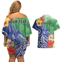 Personalised Pohnpei States Humpback Whale Couples Matching Off Shoulder Short Dress and Hawaiian Shirt Polynesian Tropical Flowers LT9 - Polynesian Pride
