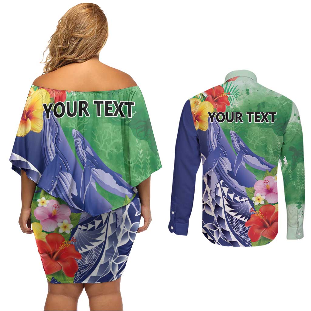 Personalised Pohnpei States Humpback Whale Couples Matching Off Shoulder Short Dress and Long Sleeve Button Shirt Polynesian Tropical Flowers LT9 - Polynesian Pride