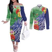 Personalised Pohnpei States Humpback Whale Couples Matching Off The Shoulder Long Sleeve Dress and Long Sleeve Button Shirt Polynesian Tropical Flowers LT9 Blue - Polynesian Pride