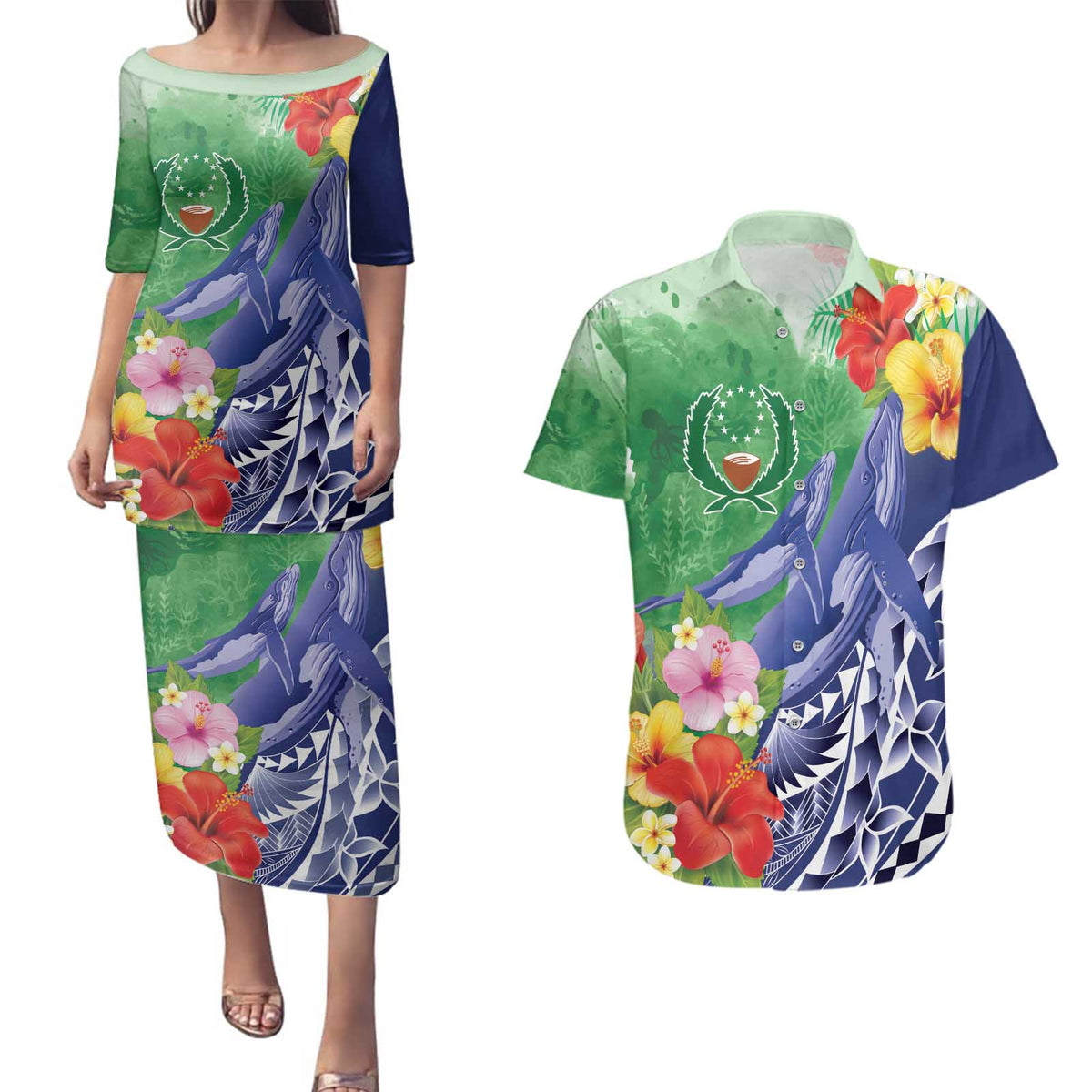 Personalised Pohnpei States Humpback Whale Couples Matching Puletasi and Hawaiian Shirt Polynesian Tropical Flowers LT9 Blue - Polynesian Pride