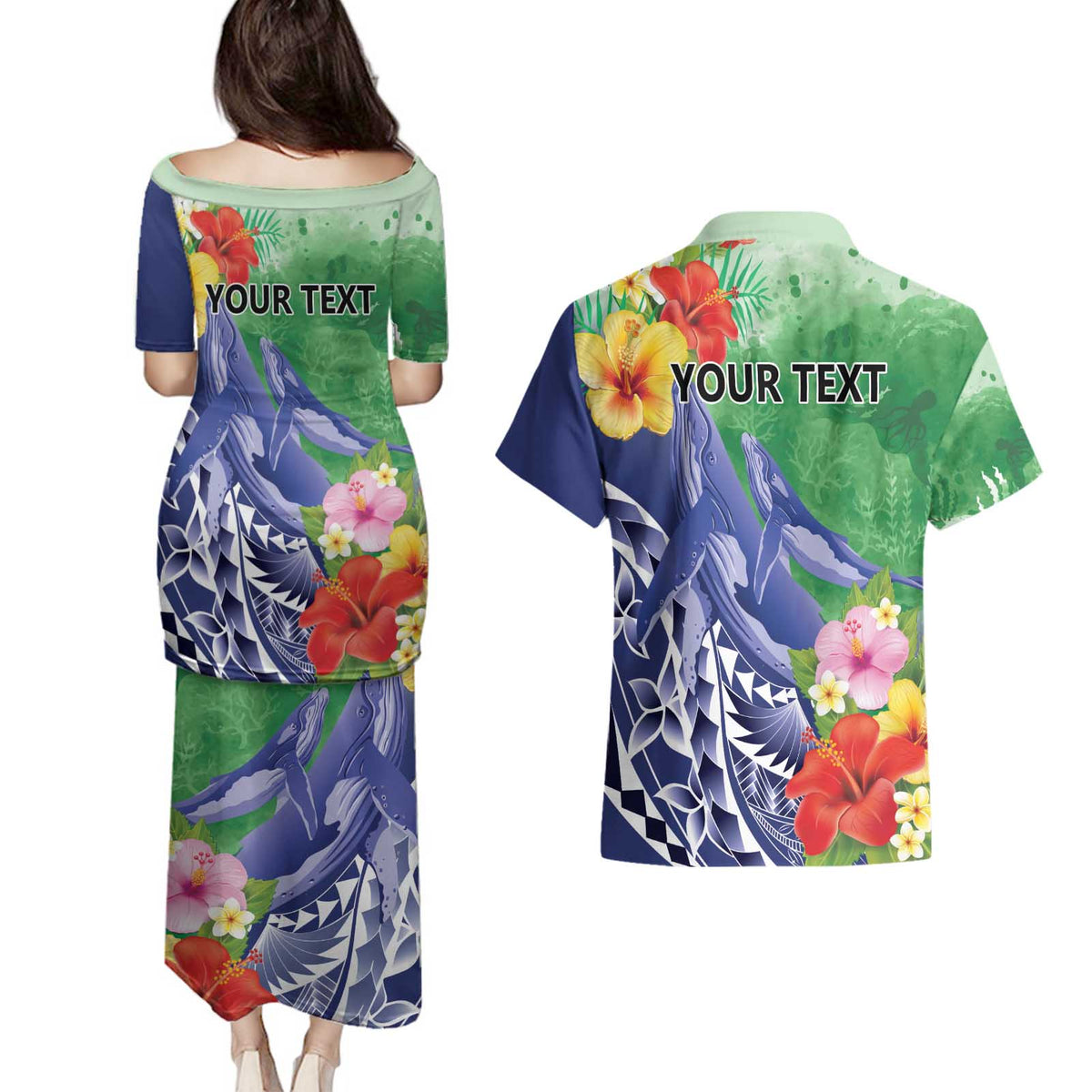 Personalised Pohnpei States Humpback Whale Couples Matching Puletasi and Hawaiian Shirt Polynesian Tropical Flowers LT9 - Polynesian Pride