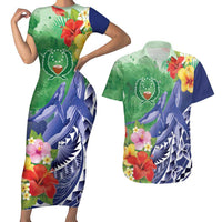 Personalised Pohnpei States Humpback Whale Couples Matching Short Sleeve Bodycon Dress and Hawaiian Shirt Polynesian Tropical Flowers LT9 Blue - Polynesian Pride