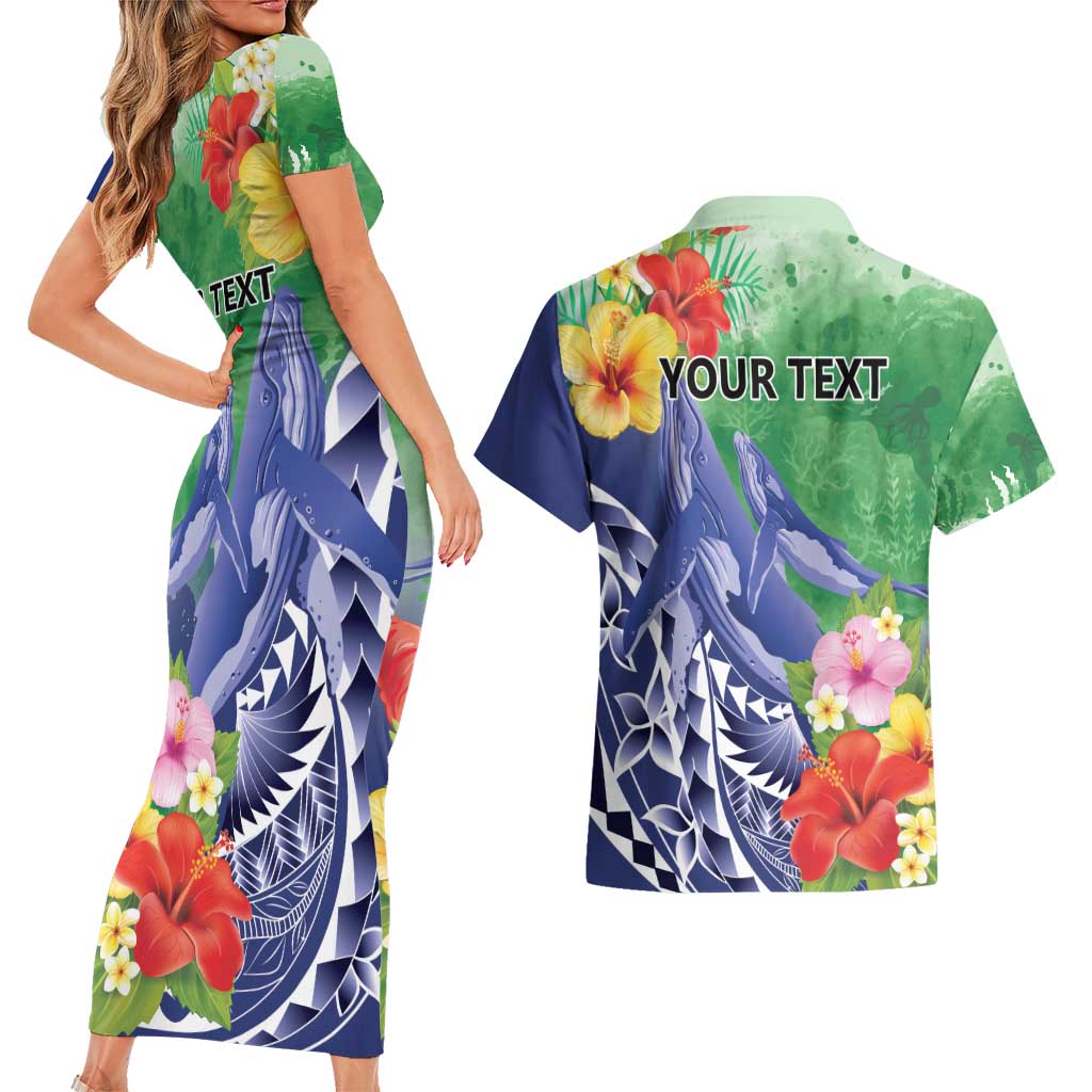 Personalised Pohnpei States Humpback Whale Couples Matching Short Sleeve Bodycon Dress and Hawaiian Shirt Polynesian Tropical Flowers LT9 - Polynesian Pride