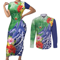 Personalised Pohnpei States Humpback Whale Couples Matching Short Sleeve Bodycon Dress and Long Sleeve Button Shirt Polynesian Tropical Flowers LT9 Blue - Polynesian Pride