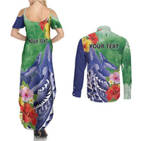 Personalised Pohnpei States Humpback Whale Couples Matching Summer Maxi Dress and Long Sleeve Button Shirt Polynesian Tropical Flowers LT9 - Polynesian Pride