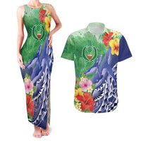 Personalised Pohnpei States Humpback Whale Couples Matching Tank Maxi Dress and Hawaiian Shirt Polynesian Tropical Flowers LT9 Blue - Polynesian Pride
