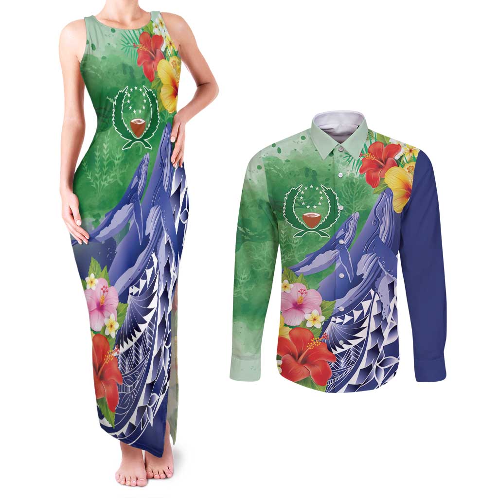 Personalised Pohnpei States Humpback Whale Couples Matching Tank Maxi Dress and Long Sleeve Button Shirt Polynesian Tropical Flowers LT9 Blue - Polynesian Pride