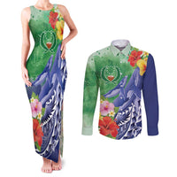 Personalised Pohnpei States Humpback Whale Couples Matching Tank Maxi Dress and Long Sleeve Button Shirt Polynesian Tropical Flowers LT9 Blue - Polynesian Pride