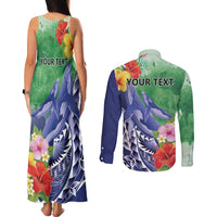 Personalised Pohnpei States Humpback Whale Couples Matching Tank Maxi Dress and Long Sleeve Button Shirt Polynesian Tropical Flowers LT9 - Polynesian Pride