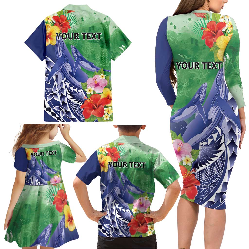 Personalised Pohnpei States Humpback Whale Family Matching Long Sleeve Bodycon Dress and Hawaiian Shirt Polynesian Tropical Flowers LT9 - Polynesian Pride