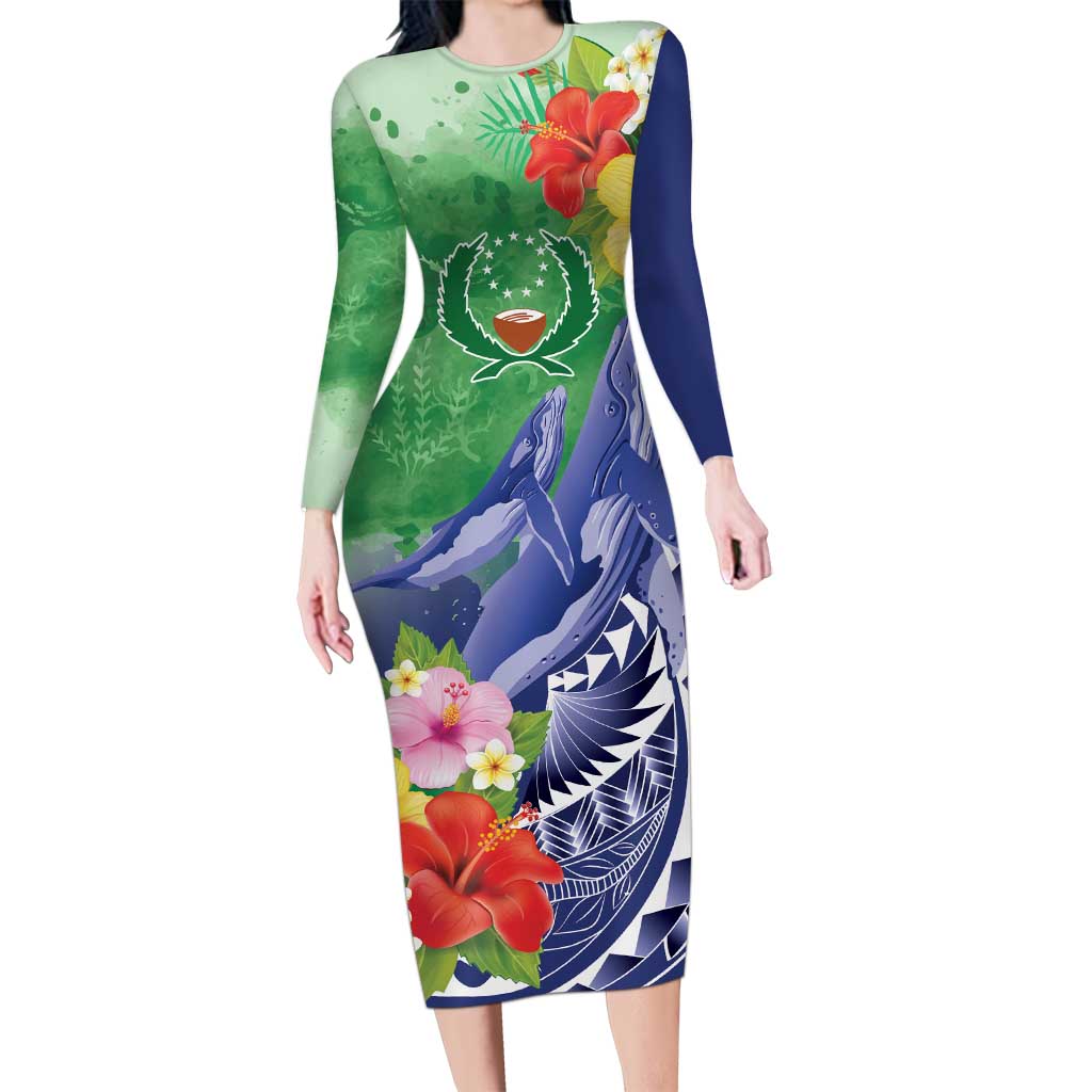 Personalised Pohnpei States Humpback Whale Family Matching Long Sleeve Bodycon Dress and Hawaiian Shirt Polynesian Tropical Flowers LT9 Mom's Dress Blue - Polynesian Pride