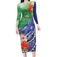 Personalised Pohnpei States Humpback Whale Family Matching Long Sleeve Bodycon Dress and Hawaiian Shirt Polynesian Tropical Flowers LT9 Mom's Dress Blue - Polynesian Pride