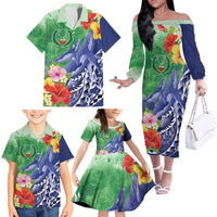 Personalised Pohnpei States Humpback Whale Family Matching Off The Shoulder Long Sleeve Dress and Hawaiian Shirt Polynesian Tropical Flowers LT9 - Polynesian Pride