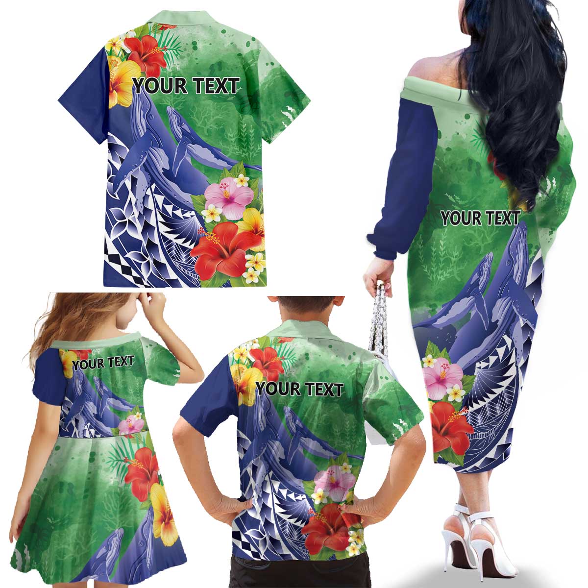Personalised Pohnpei States Humpback Whale Family Matching Off The Shoulder Long Sleeve Dress and Hawaiian Shirt Polynesian Tropical Flowers LT9 - Polynesian Pride