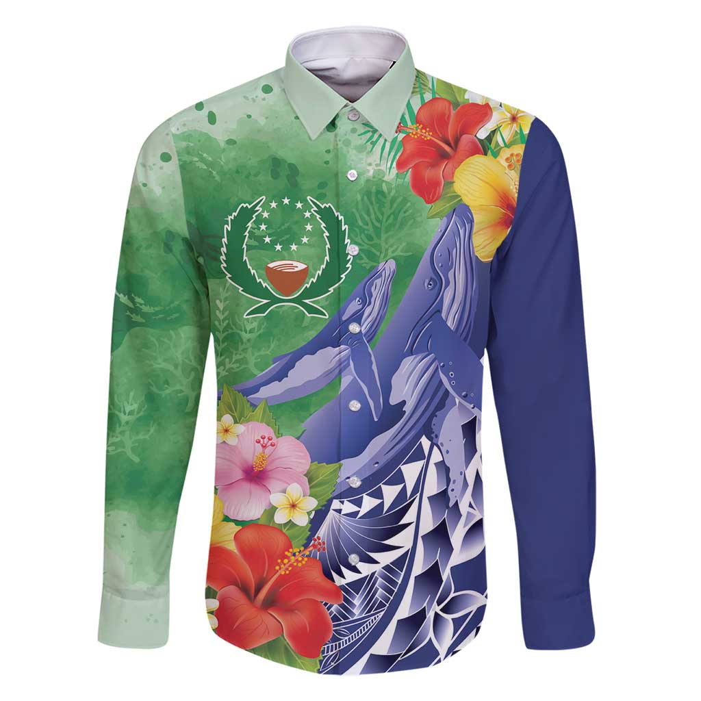 Personalised Pohnpei States Humpback Whale Family Matching Off Shoulder Maxi Dress and Hawaiian Shirt Polynesian Tropical Flowers LT9 Dad's Shirt - Long Sleeve Blue - Polynesian Pride