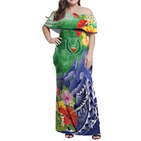 Personalised Pohnpei States Humpback Whale Family Matching Off Shoulder Maxi Dress and Hawaiian Shirt Polynesian Tropical Flowers LT9 Mom's Dress Blue - Polynesian Pride
