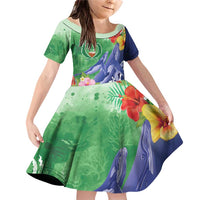 Personalised Pohnpei States Humpback Whale Family Matching Off Shoulder Short Dress and Hawaiian Shirt Polynesian Tropical Flowers LT9 Daughter's Dress Blue - Polynesian Pride