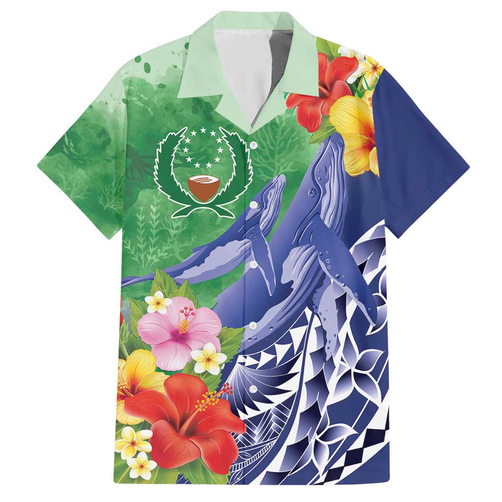 Personalised Pohnpei States Humpback Whale Family Matching Off Shoulder Short Dress and Hawaiian Shirt Polynesian Tropical Flowers LT9 Dad's Shirt - Short Sleeve Blue - Polynesian Pride