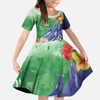 Personalised Pohnpei States Humpback Whale Family Matching Puletasi and Hawaiian Shirt Polynesian Tropical Flowers LT9 Daughter's Dress Blue - Polynesian Pride
